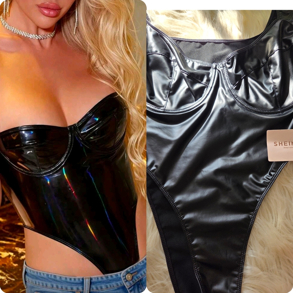 Women's Faux Leather Lingerie Bodysuit Sleeveless V Neck High Cut Bodysuit Shape